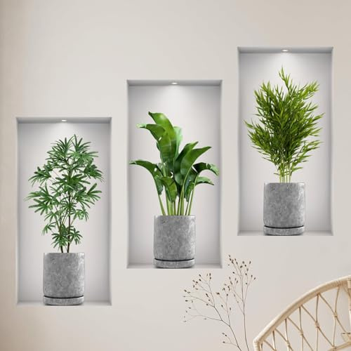 VIDSTW 3 Stück 3D Wandaufkleber 23x45CM Wandtattoo Vase Grün Wandtattoo | Wohnzimmer Vasen Selbstklebend Realistische Wandsticker Wandaufkleber Pflanzen Effekt,für Schlafzimmer,WohnzimmerDekoration