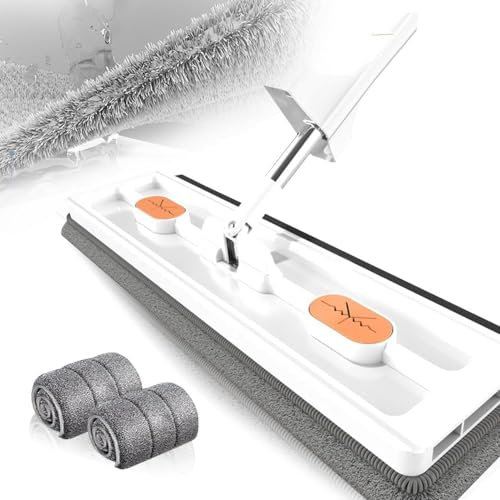 2024 Trapeador Plano Grande, Trapeador Giratorio 360° con Raspador Deshidratación Almohadillas Microfibra Lavables, Trapeador Mango Largo Acero Inoxidable, Trapeador Húmedo Y Seco ,Blanco,Mop+2 Pads