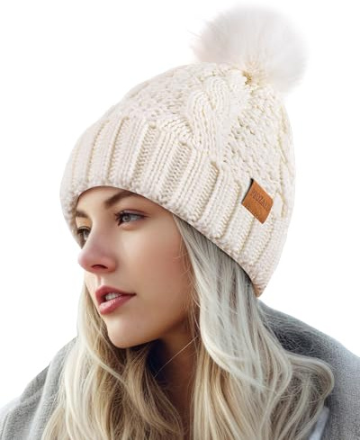 PIOZAED Women's Winter Pompom Beanie Warm and Cozy Knit Hat Fleece Lining Skull Cap for Women