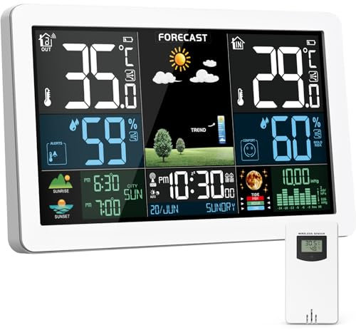 Station Météo Intérieur Extérieur Sans Fil, Écran Couleur, Prévisions Météorologiques, Thermomètre Hygromètre, Affichage Température et Humidité, avec Capteur Extérieur, Baromètre, Radio-Réveil DCF