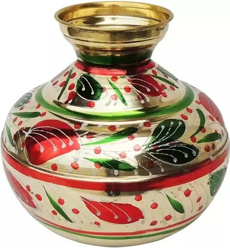 BRACOP® Brass Kalash For Home, Temple Drinkware Water Pitcher Indian Ceremonies Religious Pooja Item Handmade Brass Lota Pooja Purpose Colored Matka Water Storage Container Brass Ghada Dispenser