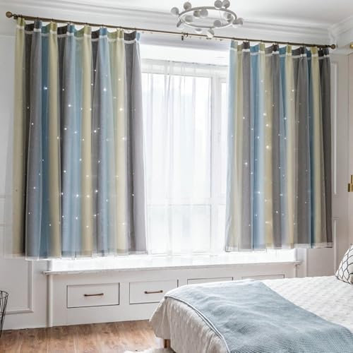 Wycian Kurze Gardinen mit Schlaufen Kurzgardine Verdunkelung Grau Gelb Blau 2er Pack Hohler Stern, Farbverlauf H115 x B86 cm (2er Pack) Polyester