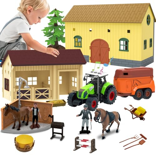 52PCS Farm Animals Toys Set Comes with Warehouse, Horse shed, Carriage with Lights&Sounds, Washing Stable, Horse Trainer,Horse Washer,Saddle Rack, Jumping Horse Obstacles- Playset for Kids Toddlers 3+