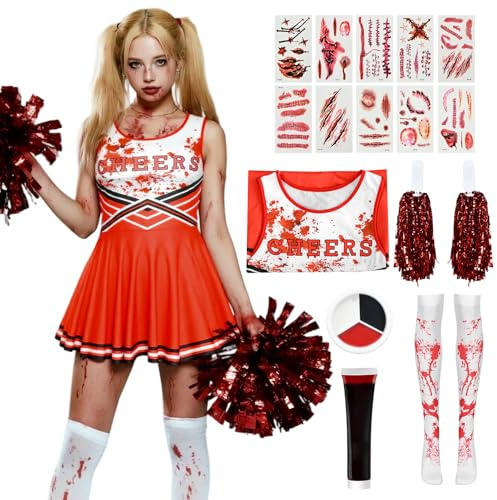 Antsparty Cheerleader Kostüm Halloween Damen, Cheerleader Zombie Kostüm mit Pompons Socken und Tattoo-Aufkleber, Horror Campus Cosplay für Halloween