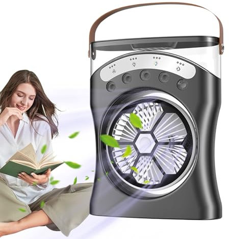 Ventilador de refrigeración - ventilador de mesa reducido con función de pulverización de agua, cabezal de pulverización giratorio de 180 ° | Humidificador recargable con velocidades para