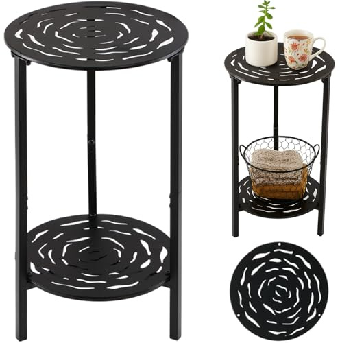 lucpur 2-Tier Metal Round Side Table Black Accent Coffee Tables Small Space Corner Plant Stand Shelf for Indoor Outdoor Use Patio Balcony End Table Laser-Cut Floral Pattern Weather-Resistant