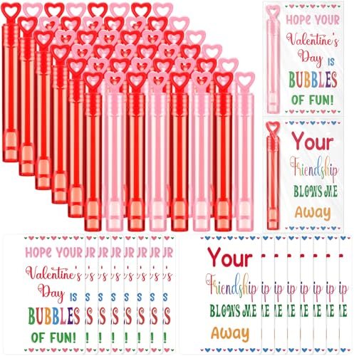 Shappy 48 Set Valentines Day Bubble Wands Gifts Heart Party Favors Bulk Mini Heart Bubble Wand Valentine's Greeting Exchange Gifts Valentines Day Party Favors Bulk for School Classroom Prizes