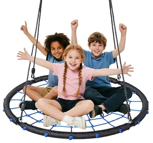 Lischwert 100CM Spinnennetz-Baumschaukel für Kinder und Erwachsene, maximale Tragkraft 200 kg, mit Zwei festen Seilen (Blau-Rundes)