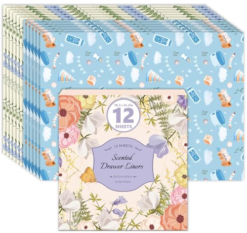 SCENTORINI Linen & Baby Powder Scented Drawer Liners, Scent Paper Liners for Wardrobe, Bedroom, Closet, Shoe Cupboard 12 Sheets