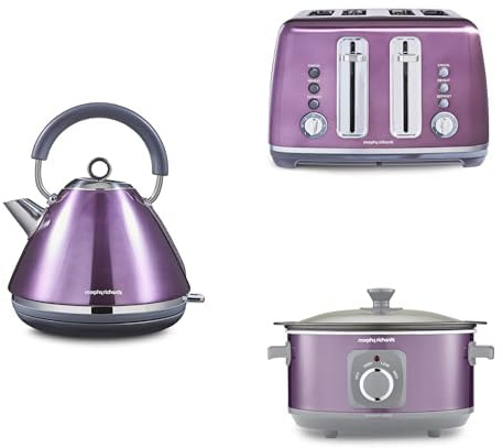 Morphy Richards Accents Kitchen Bundle, 1.5L, 3KW Rapid Boil Pyramid Kettle, 4 Slice Toaster & Slow Cooker 3.5L, Easy Operation, Stylish Retro Design, Matching Set, Purple, 102050 | 242050 | 460024