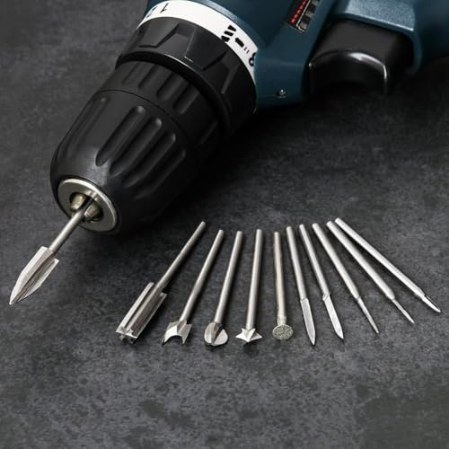 Zilimontt Brocas de tallado de madera con vástago de 1/8 pulgadas para herramienta giratoria, juego de 11 brocas de grabado con broca de esmeril, compatible con proyectos de carpintería y manualidades