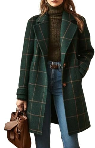 FYHTC Damen Retro Plaid PEA Coat Gekerbtes Revers Knopfverschluss Woll Mischung Mittellanger Übermantel mit Taschen
