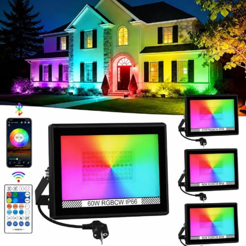 Faretto LED RGB Esterno, T-SUNUS Faretti LED RGB Esterno con Telecomando e APP Bluetooth, IP66 Impermeabile, Memoria, Timer per Giardino Pasqua Partito Halloween 4 Pezzi