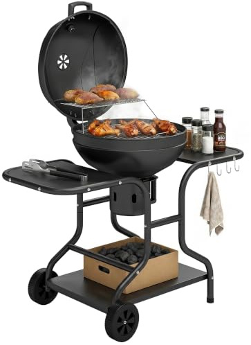Outsunny Holzkohlegrill Kugelgrill mit Deckel 129 x 63,5 x 106,5 cm | Smoker, Seitentischen, Räder, Kohlewanne, Grillwagen, Thermometer, Kohlegrill für Barbeque, Camping, Terrasse, Garten