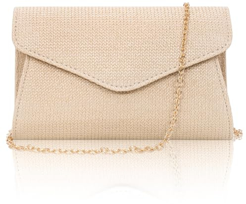 Toptime Stroh Clutch Damen, Sommer Strand Handtasche Damen Klein mit Abnehmbarer Kette, Elegante Umschlag Abendtasche, Boho Geflochtene Umhängetasche Beige für Hochzeit Cocktail Party (Beige Feine)