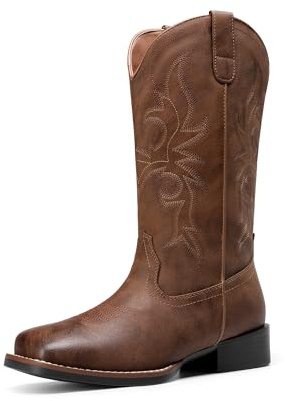 DREAM PAIRS Cowgirl-stövlar för kvinnor, broderade, fyrkantig tå, mitten av vaden västernstövlar modeklänning, tjocka lågklackade skor för temafest, landskonsert