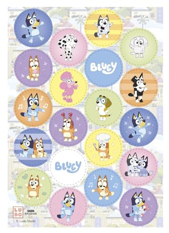 dekora – Décoration Gâteau Bluey, 20 Mini Disques en Papier Comestible Ø 3,4 cm, Décoration Anniversaire Bluey et Bingo pour Cupcakes et Gâteaux, Sans Gluten, Sans Lactose, Convient aux Végétariens