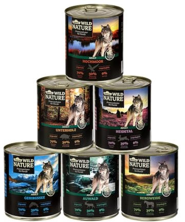 Dehner Wild Nature Hundefutter Probier-Set, Nassfutter getreidefrei / zuckerfrei, für ausgewachsene Hunde, Ente / Pferd / Wild / Kaninchen, 6 x 800 g Dose (4.8 kg)