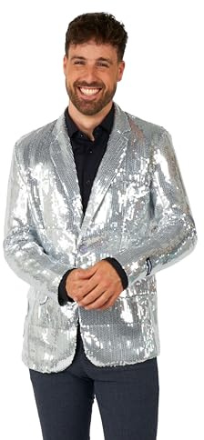 Suitmeister Blazer de Lentejuelas para Hombre, Ajuste Delgado, un botón, Chaqueta Brillante para Baile de graduación y Fiesta, Lentejuelas Plateadas, Medium