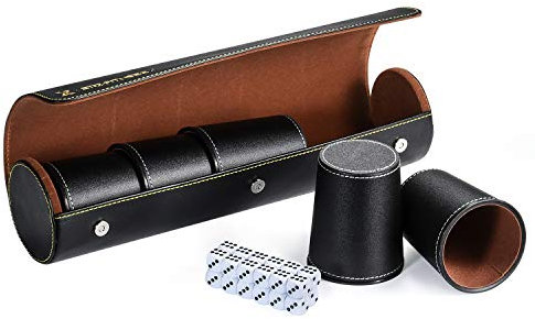 X SIM FITNESSX Würfelbecher Set, 5 Würfel mit Becher + 25 Punktwürfeln +Exklusives Aufbewahrungs und Transportetui aus Kunstleder mit Magnetverschluss. (Schwarz)