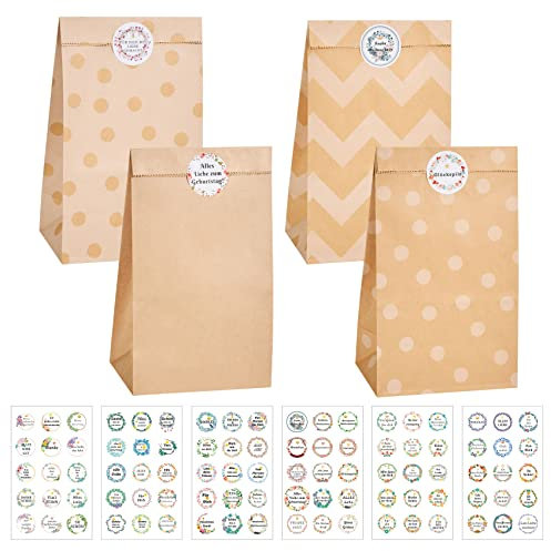 KASZOO Papiertüten Braun, 40 Stück Kraftpapiertüten Geschenktüten Papier Braune Tüten Papier mit 90 Aufkleber (Auf Deutsch) Papiertüte zum Verpacken von Geschenken, Giveaways, Kindergeburtstag
