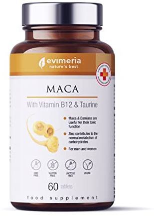 EVIMERIA Maca peruviana con Vitamina B12 e Taurina | Integratore | Estratti vegetali di Maca e Damiana | Utile come tonico e per contrastare stress e affaticamento fisico e mentale | Qualità Italiana
