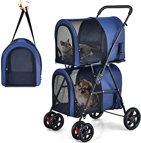 COSTWAY 2 Etagen Hundewagen Haustiere Buggy bis 16kg, Hundebuggy mit Netzfenstern & Getränkehalter & Anhänger, Katzenbuggy für 2 kleine Hunde Katzen (Blau)