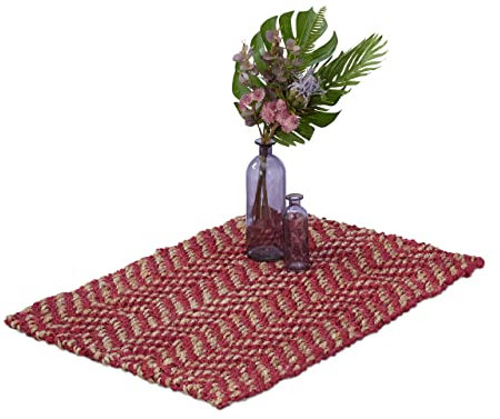 Relaxdays Jute Teppich, 60 x 90 cm, handgewebter Teppichläufer, Naturfasern, Läufer Flur, Wohnzimmer, Küche, rot/beige