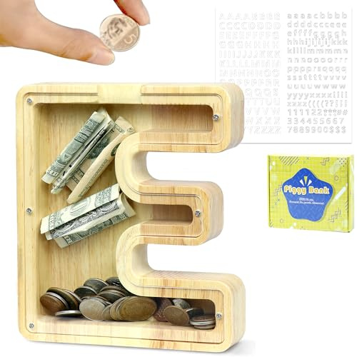 LEcylankEr Spardose Kinder Personalisierte A-Z Alphabet Sparbüchse Holz Spardose Dekoration Kreative groß Sparschwein als Geschenke für Geburtstag, Weihnachten und Thanksgiving (E)