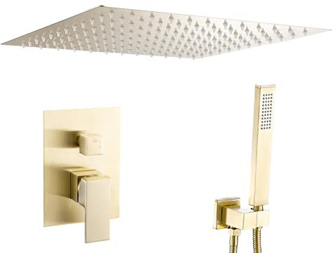 VALAZ Colonne de douche encastrée Or | Système de douche avec effet pluie | Mitigeur à deux voies à levier unique, en acier inoxydable, pommeau de douche 30 cm | Montage rapide au plafond, élégant