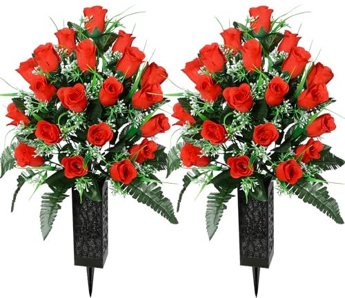 SIFOEL 2 pezzi fiori artificiali del cimitero con il vaso, fiori artificiali della tomba della rosa per la decorazione della lapide del cimitero (Red-24T)