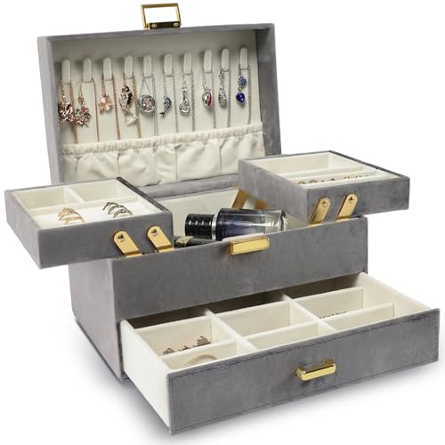Dajasan Boite a Bijoux Femme, Boite Rangement Bijoux, Grande Coffret a Bijoux avec Support Métallique Mobile, Velours Coffret Bijoux pour Coiffeuse, Idéal Cadeau pour Maman, Petite Amie, Fille (Gris)