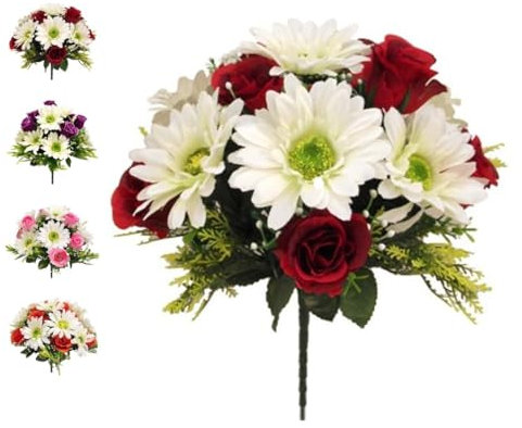 Artificial Rose & Gerbera Daisy Grave Flowers – 32cm UV Resistant, Weatherproof Cemetery Bouquet – Realistic Memorial Floral Display - Indoor / Outdoor - 4 Colour Options (Red & Ivory)