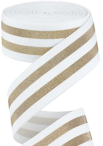 GORGECRAFT 4.3m*40mm Bande Élastique Rayée Argentée Métallique Ruban Extensible Blanc Bandeau Confortable à Rayures Pailletées pour Ceinture Couture Projets D'Artisanat Sangles Accessoires de Vêtement
