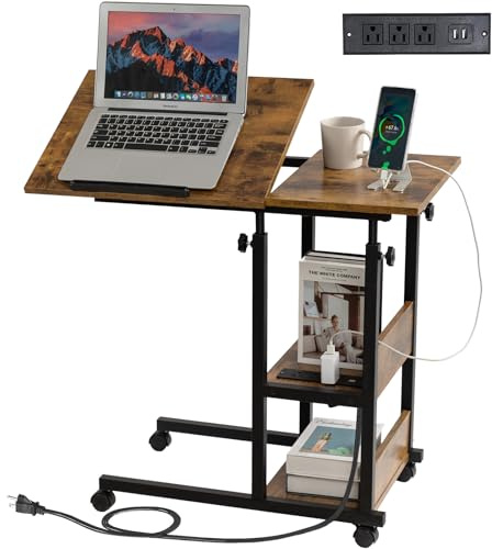 Hadulcet Adjustable C Table with Charging Station, Tiltable Desk C Shaped End Table for Couch, Over Bed Table with Wheels Adjustable Height, Hospital Table Laptop Stand Drawing Desk, Rustic Brown