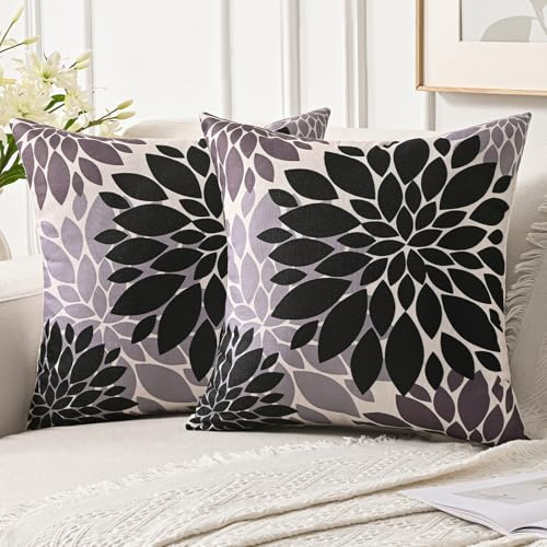 Jayusaror Kissenbezug 40x40 cm Schwarz und Grau Dahlien Sommer Sofakissen Herbst Deko Kissen Bezug Blumen Outdoor Kissenhülle für Couch Sofa Wohnzimmer Kissenbezüge, 2er Set