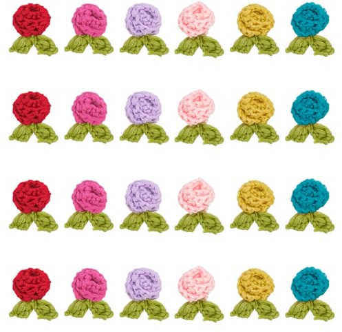 FINGERINSPIRE 24 Stück Häkel Strick Rosenblumen Aufnäher 6 Farben Polyester Blumen Applikation Zum Aufnähen Kleine Größe Handgefertigte Häkel Blumen Aufnäher Für Taschen Hüte Jeans Kleidungszubehör
