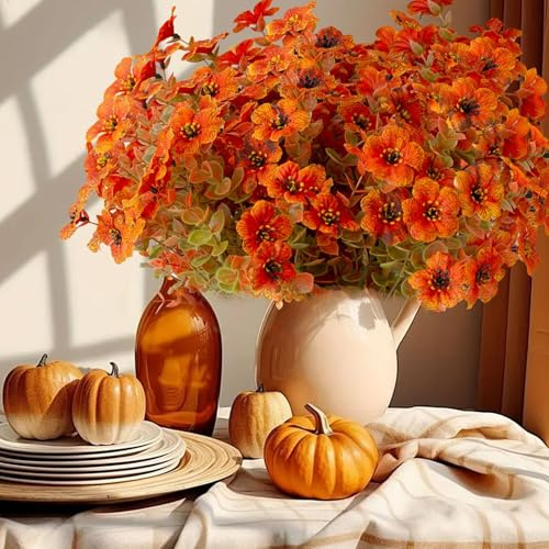 CCUUHJ 8 Bundles Artificial Fall Violet Flowers No Fade Faux Autumn Plants, Fake Indoor Outdoor Greenery for Thanksgiving Christmas Wedding Party Home Garden Porch Window Box Décor (A)