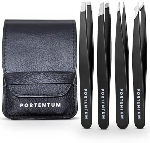 PORTENTUM Professional Tweezers for Facial Hair Women and Men - Stainless Steel Precision Tweezers for Ingrown Hair (4 Pcs)