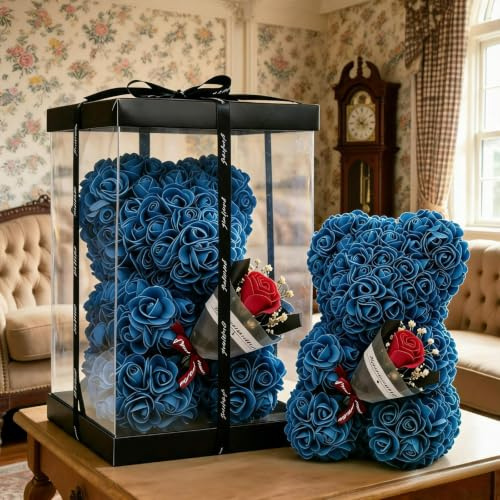 GDJIAYIYI Rosenbär-Geschenk, blauer Rosen-Teddybär mit Geschenk-Box, künstlicher Rosen-Bär für Valentinstag, Muttertag, Geburtstag, romantisches Geschenk für Damen, Freundinnen, Freunde, Vater