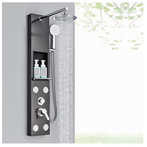 Panneau de douche thermostatique noir avec étagère de rangement et robinet de douche à effet pluie, ensemble de robinet mitigeur à double poignée pour colonne de douche de baignoire, finition brossée