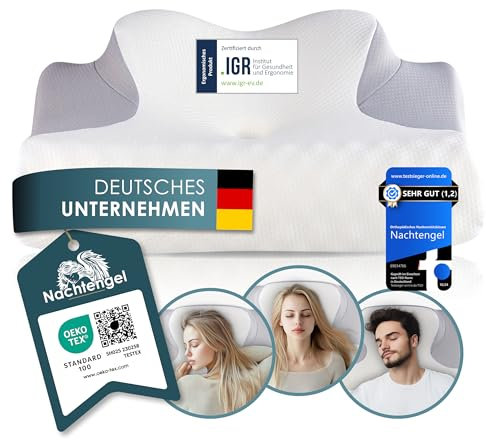 Nachtengel Almohada ortopédica – Almohada ergonómica para el dolor de cuello de espuma viscoelástica con certificado IGR, almohada antironquidos, almohada cervical para espalda, abdomen y de lado