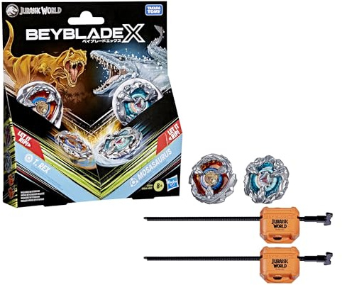 Beyblade X Jurassic World Collab T. Rex vs. Mosasaurus Multipack Set, 2 Takara Tomy Tops, 2 launchers, Battling Top Game, Dinosaur Toys, Ages 8+