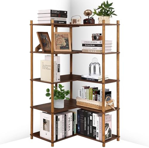 YGYQZ Bücherregal 5 Etagen Eckregal, L-förmiges Regal rustikaler Stil Eckregal Stehend für Wohnzimmer Schlafzimmer Büro (Braun)