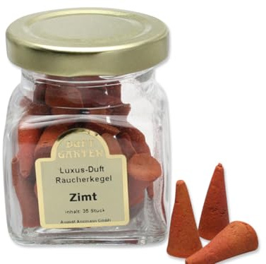 LivuX 1087 Lot de 35 cônes d'encens de luxe à la cannelle dans un bocal en verre Parfum chaud et épicé pour le confort et l'ambiance festive