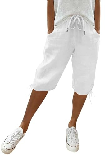 Kurze Hose Damen, Sommer Leinen Mittellange Hosen mit Verstellbarem Kordelzug an Taille und Taschen Strandhose Lässige Outdoorhose,Weiß,L