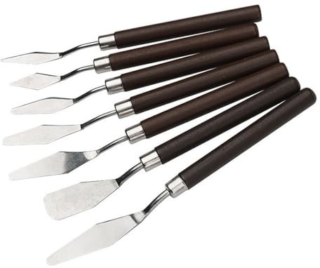 Ksikdeg Set di 7 spatole in acciaio inox, manico in legno, raschietto per pittura a olio, miscelazione dei colori