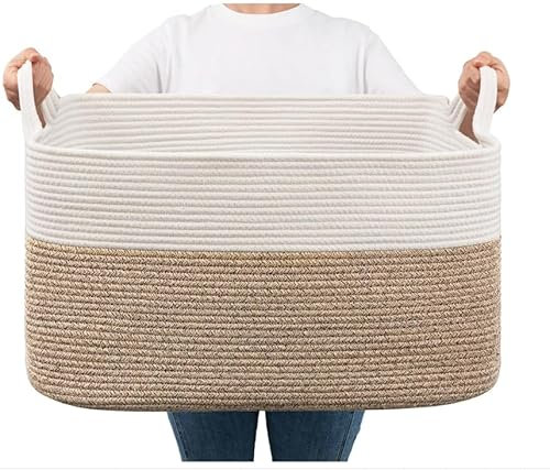 omolly 85L Extra Large Woven Storage Baskets, Foldable Washing Basket, Laundry Basket, Cotton Rope Woven Baskets for Shoes Toys, Blankets, Towels,Blanket Storage Basket in Living Room(60 x 40 x 36cm)