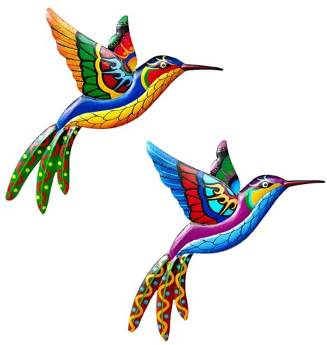 LWINGFLYER Metall Kolibri Wanddekoration Schmiedeeisen Bunte Kolibri Wandbehang 3D Bunte Vögel Outdoor Wandkunst für Garten Balkon Veranda Charme Dekorieren Sie Ihren Garten-Terrassenzaun (2PCS)