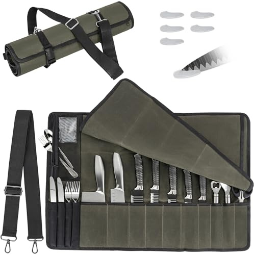 Messertasche für Köche,14 Fächern Armeegrün,Gewachstem Canvas Messertasche